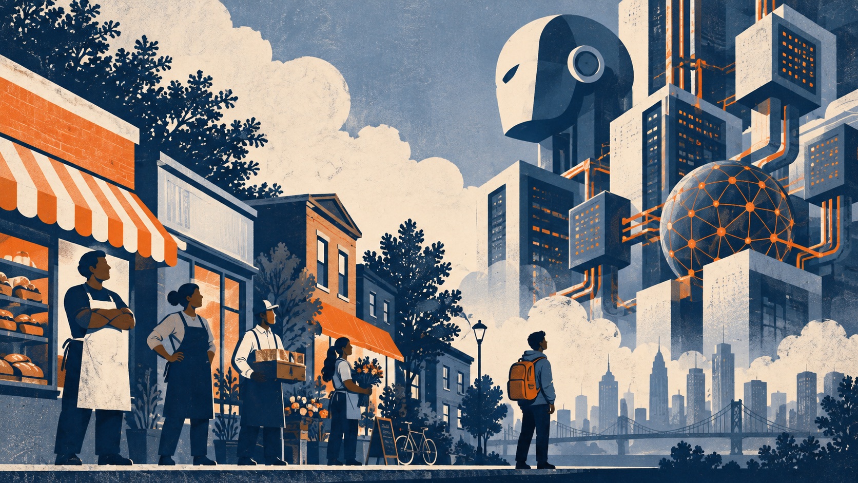 Illustration of neighborhood workers and local storefronts facing a large artificial-intelligence network.