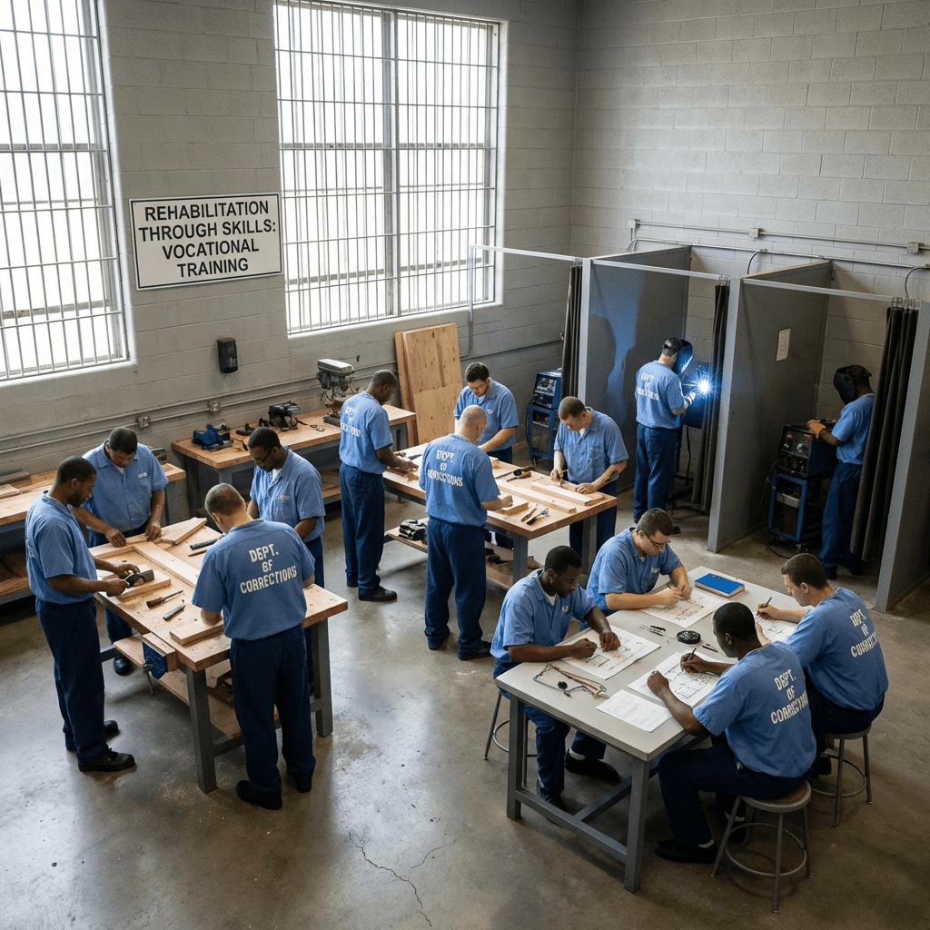 Inmates in DEPT. OF CORRECTIONS uniforms in a REHABILITATION THROUGH SKILLS: VOCATIONAL TRAINING workshop.